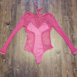 HOT PINK FISHNET BODYSUIT LONG SLEEVE SMALL